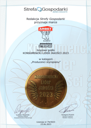 dyplom Konsumencki Lider Jakości z brązowym medalem dla Fabryki Styropianu ARBET